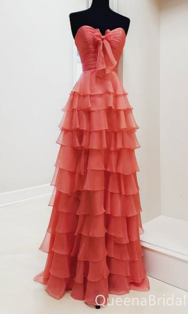 Elegant Watermelon Strapless Sweetheart Tiered A-line Long Prom Dresses ,WGP1613