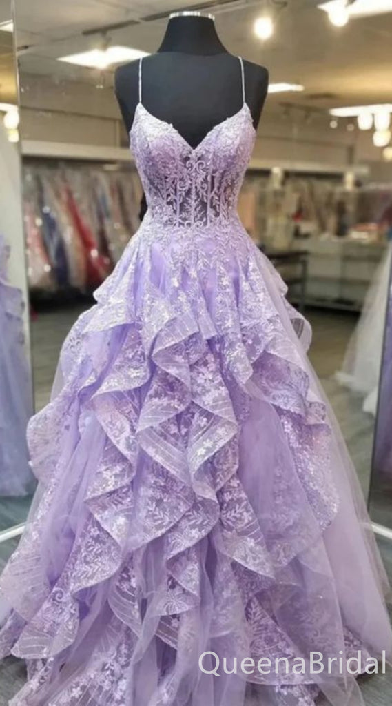 Light Purple Lace Appliques V Neck Spaghetti Straps Ruffles Long Prom Dresses to Impress ,WGP1343