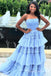 Charming Blue Side Slit Strapless Tiered A-line Long Party Dress Long Prom Dresses to Impress ,WGP1433