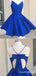 Royal Blue V-neck Spaghetti Straps Graduation Party Short Homecoming Dresses with Bow Knot,QB0756