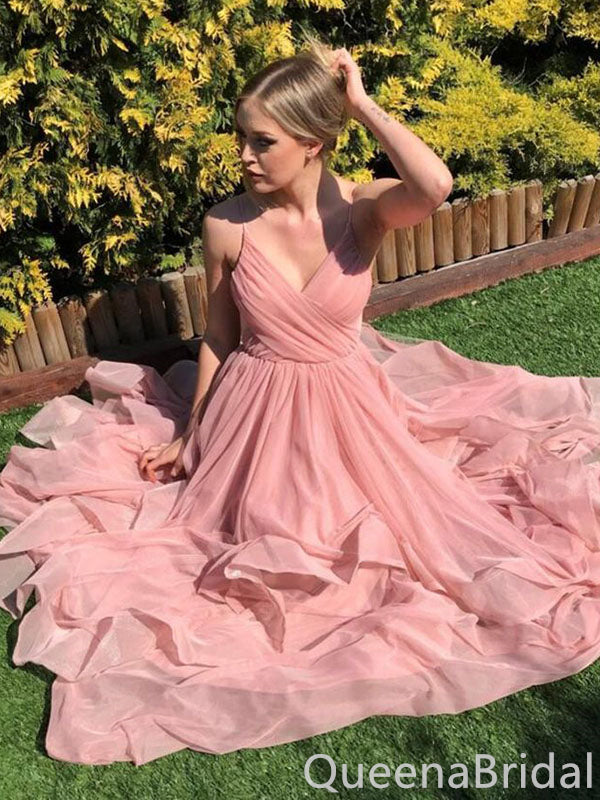 Elegant Blush Pink Spaghetti Straps V Neck A-line Long Prom Dresses ,WGP1620