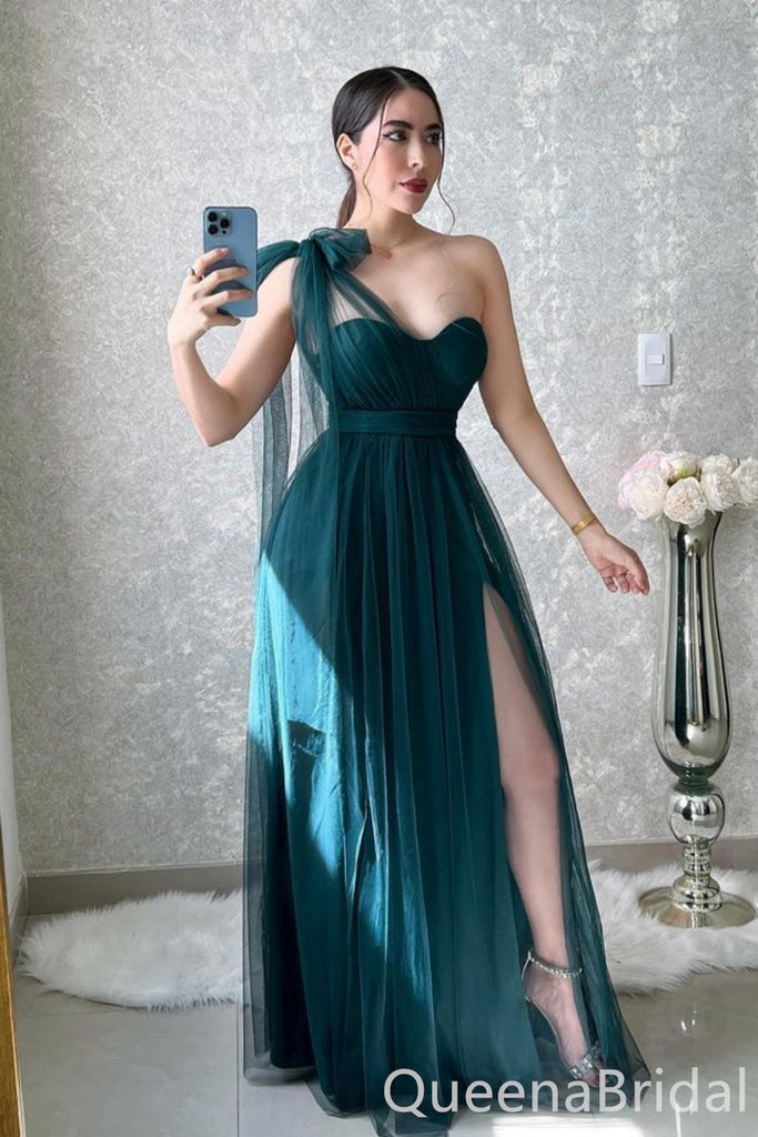 Gorgeous Green One Shoulder Sweetheart Side Slit A-line Long Prom Dresses ,WGP1621