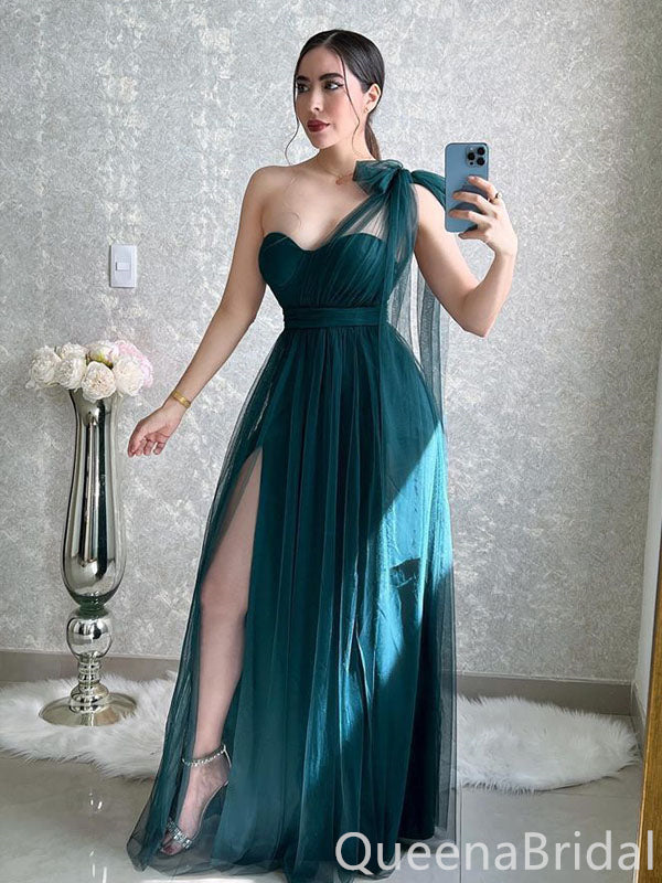 Gorgeous Green One Shoulder Sweetheart Side Slit A-line Long Prom Dresses ,WGP1621