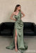 Elegant Green One Shoulder Sheath Side Slit Long Prom Dresses ,WGP1624