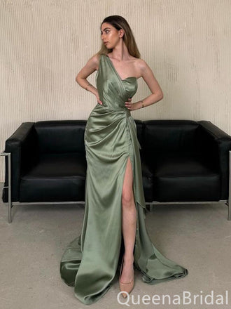 Elegant Green One Shoulder Sheath Side Slit Long Prom Dresses ,WGP1624
