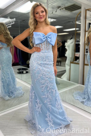 Gorgeous Pink/Blue Strapless Lace Appliques Bow Mermaid Long Prom Dresses ,WGP1626