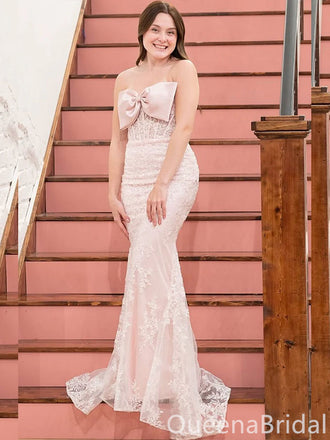 Gorgeous Pink/Blue Strapless Lace Appliques Bow Mermaid Long Prom Dresses ,WGP1626
