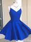 Royal Blue V-neck Spaghetti Straps Graduation Party Short Homecoming Dresses with Bow Knot,QB0756