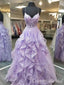 Light Purple Lace Appliques V Neck Spaghetti Straps Ruffles Long Prom Dresses to Impress ,WGP1343