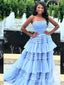 Charming Blue Side Slit Strapless Tiered A-line Long Party Dress Long Prom Dresses to Impress ,WGP1433