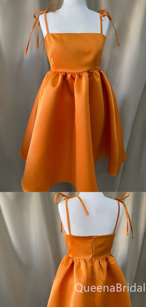 Simple Orange Spaghetti Straps A-line Graduation Party Homecoming Dresses ,QB0702