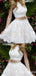 Two Pieces White Beaded Lace Appliques A-line Graduation Party Short Homecoming Dresses with Bow Knot,QB0757