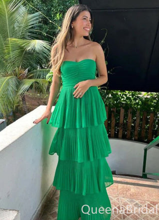 Green Strapless A-line Layer Evening Gown Maxi Long Evening Party Prom Dresses ,WGP1217