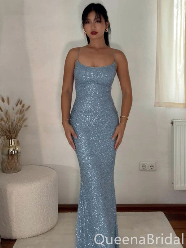 Sexy Shiny Blue Spaghetti Straps Mermaid Long Prom Dresses ,WGP1627