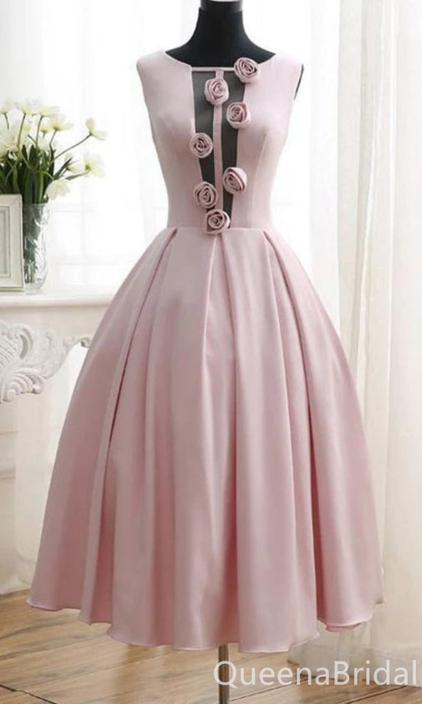 Gorgeous Light Pink A-line 3D Rose Lace up Back Midi Length Long Prom Dresses ,WGP1634