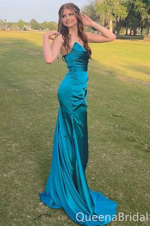 Stylish Blue Mermaid Strapless Side Slit Long Prom Dresses ,WGP1636