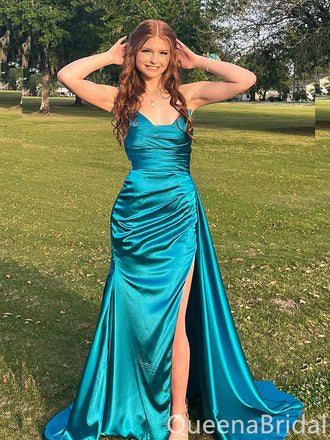 Stylish Blue Mermaid Strapless Side Slit Long Prom Dresses ,WGP1636