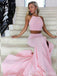 Light Pink Two Pieces Halter A-line Evening Gown Maxi Long Evening Party Prom Dresses with Slit ,WGP1066