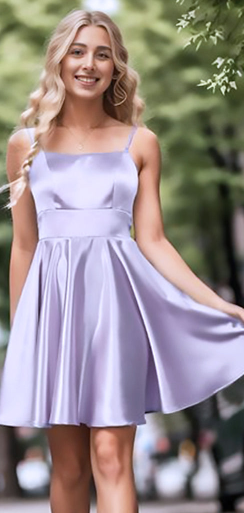 Elegant Spaghetti Straps Soft Satin Simple Cheap A-Line Short Homecoming Dresses, QB0502