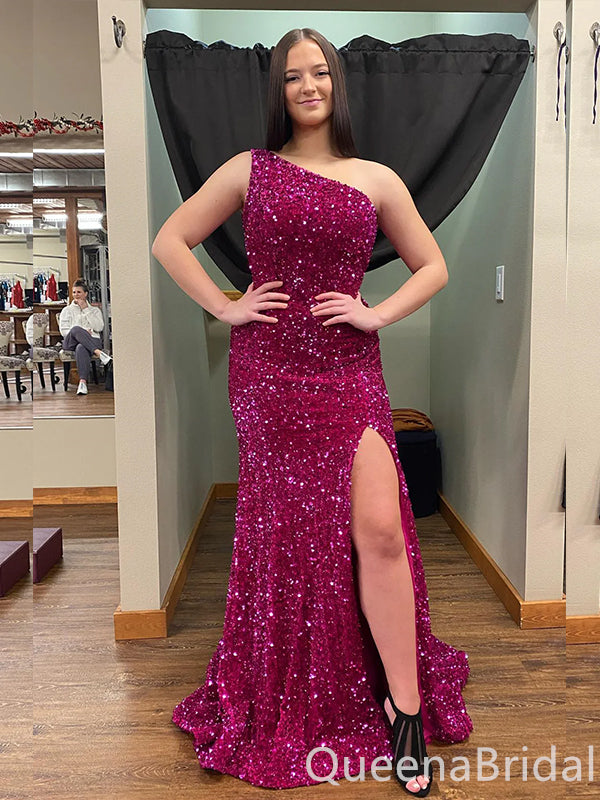 Shiny Fuchsia One Shoulder Mermaid Side Slit Party Dress Long Prom Dresses to Impress ,WGP1637