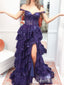 Sparkle Purple Off Shoulder Tiered A-line Lace Appliques Ruffles Long Prom Dresses to Impress ,WGP1344