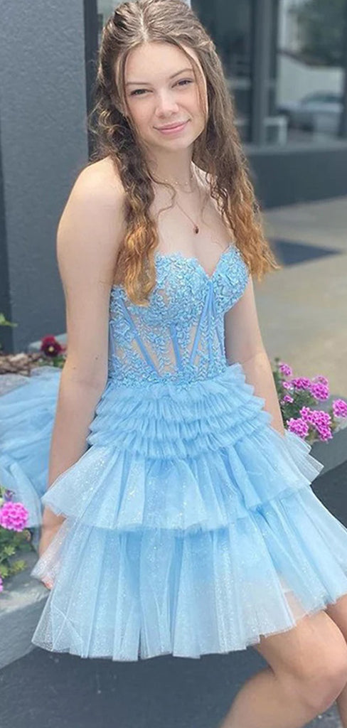 Elegant Blue Ruffles Tulle Lace Appliqueas Illusion A-Line Simple Short Homecoming Dresses, QB0407