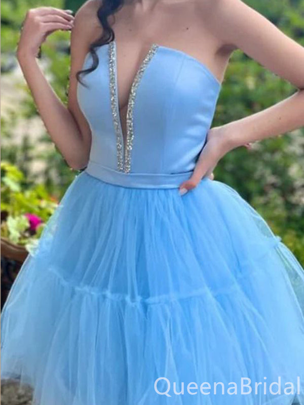 Sexy Deep V-neck Beading Tulle Ruffles Strapless Short Homecoming Dresses, QB0584