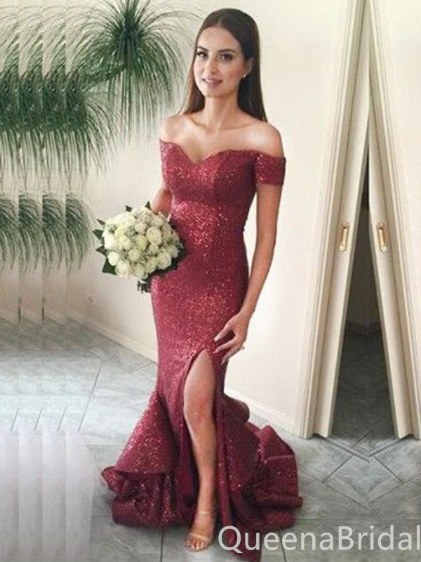 Sexy Off-the-shoulder Sweetheart Side Slit Evening Gown Maxi Long Formal Dresses Prom Dresses with Ruffles,WGP914