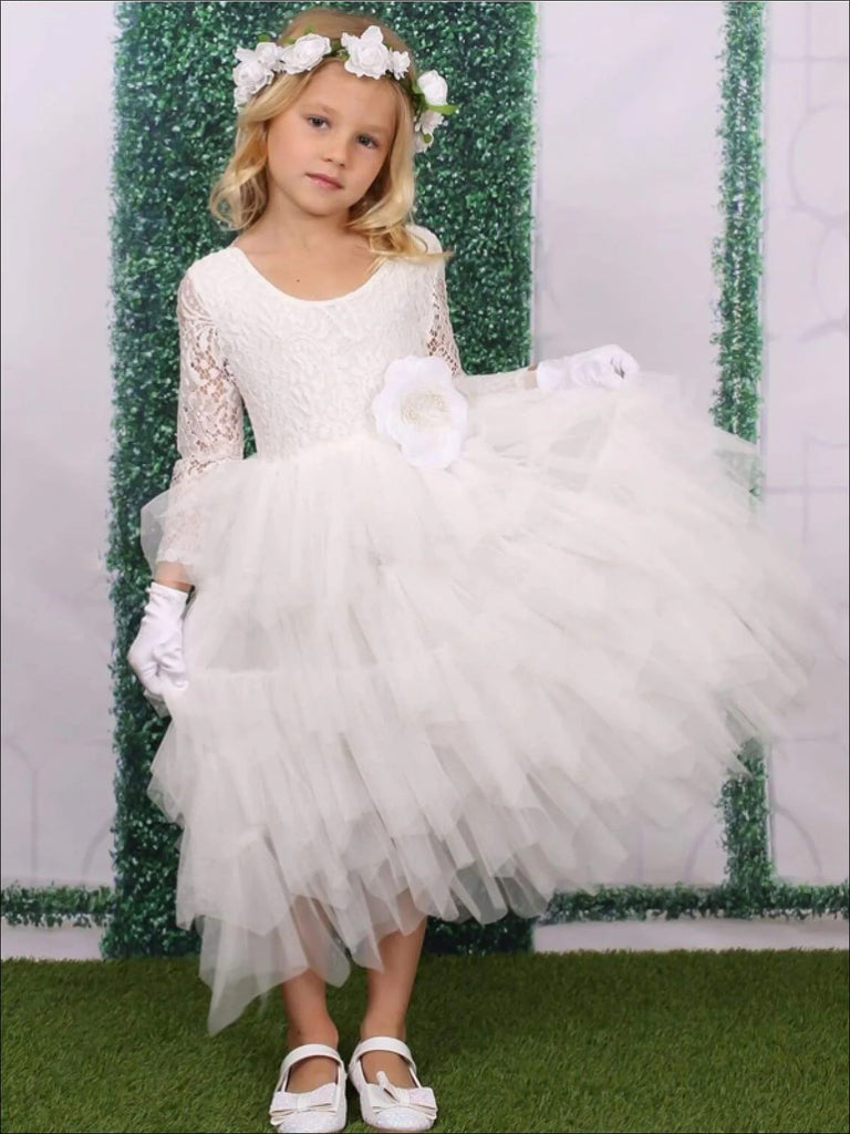 Cute White Lace Appliques Tulle Ruffle Long Sleeve A- Line Cheap Long Flower Girl Dresses, FGS0033