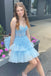 Elegant Blue Ruffles Tulle Lace Appliqueas Illusion A-Line Simple Short Homecoming Dresses, QB0407