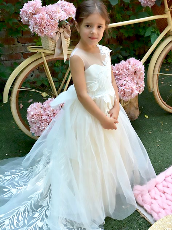 Elegant White Tulle Lace Appliques A-Line Cheap Simple Long Flower Girl Dresses, FGS0048