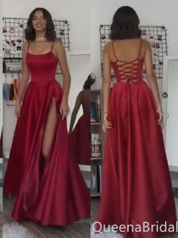 Elegant Red Spaghetti Straps Lace up Back A-line Evening Party Dress Long Prom Dresses to Impress ,WGP1378