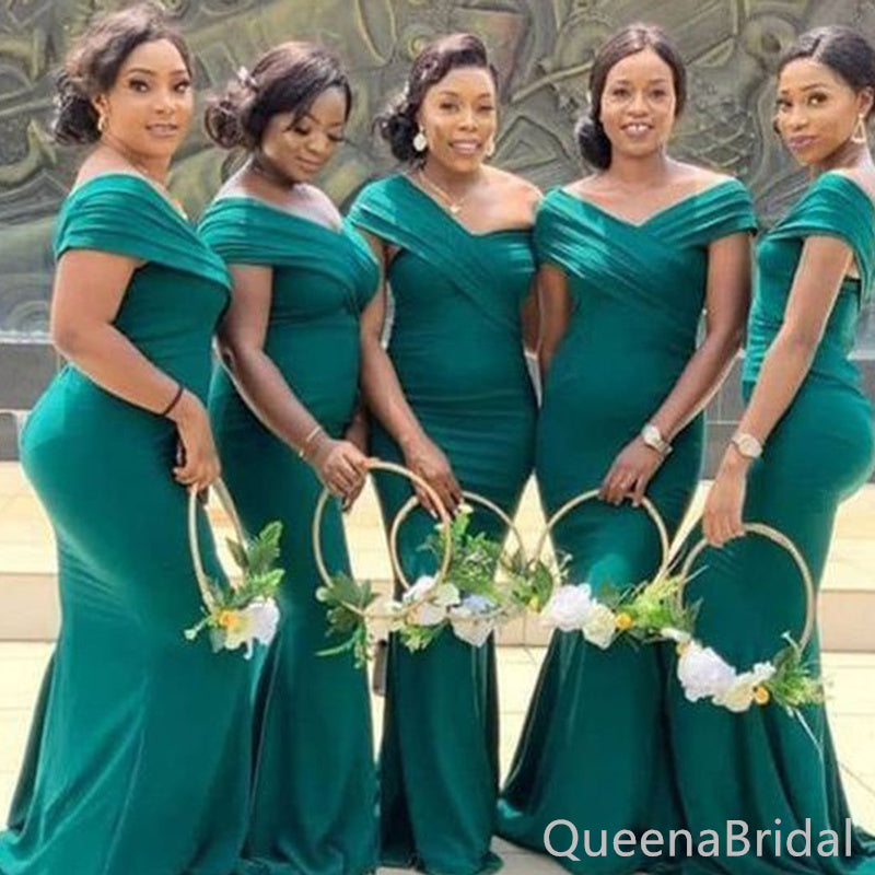 Off Shoulder Green Mermaid Long Bridesmaid Dresses , BDS0181