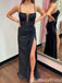 Sexy Black Spaghetti Straps High Slit Lace up Back A-line Evening Gown Long Prom Dresses with Pleats ,WGP691