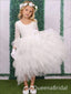 Cute White Lace Appliques Tulle Ruffle Long Sleeve A- Line Cheap Long Flower Girl Dresses, FGS0033