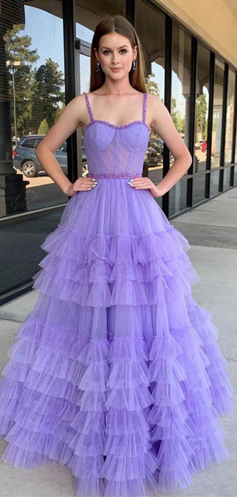 Sexy Light Purple Spaghetti Straps Ruffle Tulle A- Line Long Evening Prom Dresses,WGP508