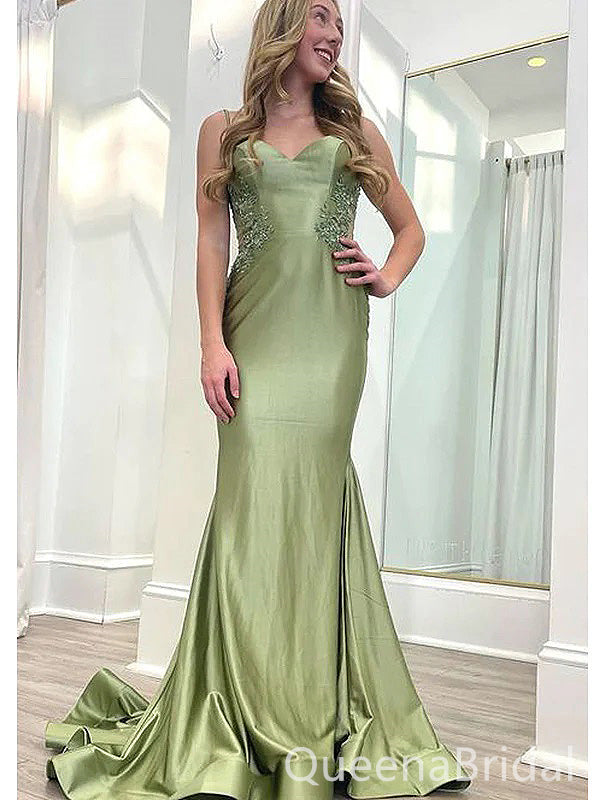 Elegant Green Spaghetti Straps Mermaid Pleats Sweetheart Long Evening Prom Dresses,WGP449