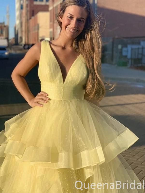 Light Yellow Layer A-line V-neck Fluffy Evening Ball Gown Maxi Long Formal Dresses Prom Dresses,WGP985