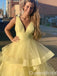 Light Yellow Layer A-line V-neck Fluffy Evening Ball Gown Maxi Long Formal Dresses Prom Dresses,WGP985