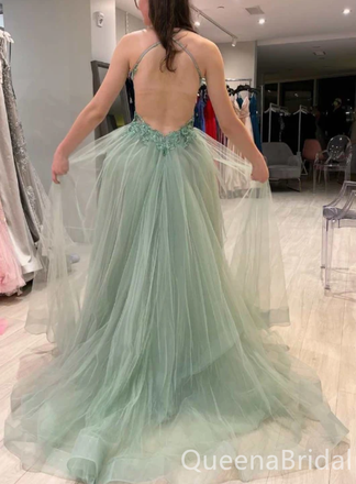 Sexy Plunging Light Green High Slit Tulle A-line Open Back Evening Gown Long Prom Dresses,WGP711