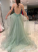 Sexy Plunging Light Green High Slit Tulle A-line Open Back Evening Gown Long Prom Dresses,WGP711