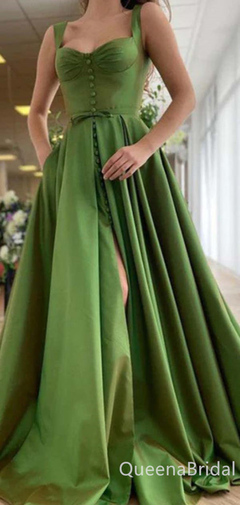 Sexy Unique Green Front Slit A-line Evening Gown Long Prom Dresses with Pleats,WGP676