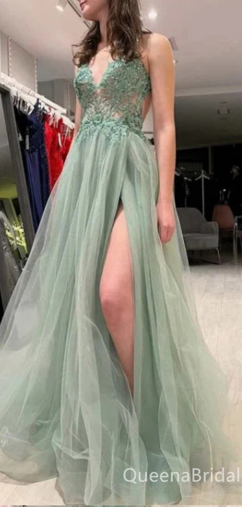 Sexy Plunging Light Green High Slit Tulle A-line Open Back Evening Gown Long Prom Dresses,WGP711