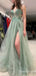 Sexy Plunging Light Green High Slit Tulle A-line Open Back Evening Gown Long Prom Dresses,WGP711