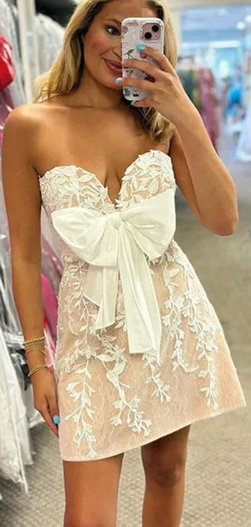 Sexy Strapless Lace Appliques A-line Short Homecoming Dresses with Bow Belt, QB0577