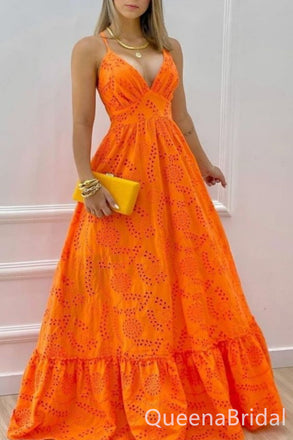 Orange Spaghetti Straps Plunging A-line Prom Dresses to Impress ,WGP1320