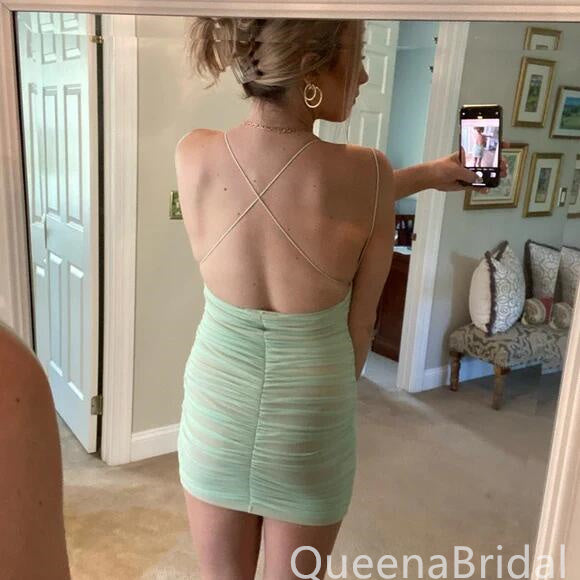 Mint Green V-neck Mermaid Spaghetti Straps Lace Up Back Graduation Party Short Homecoming Dresses,QB0740