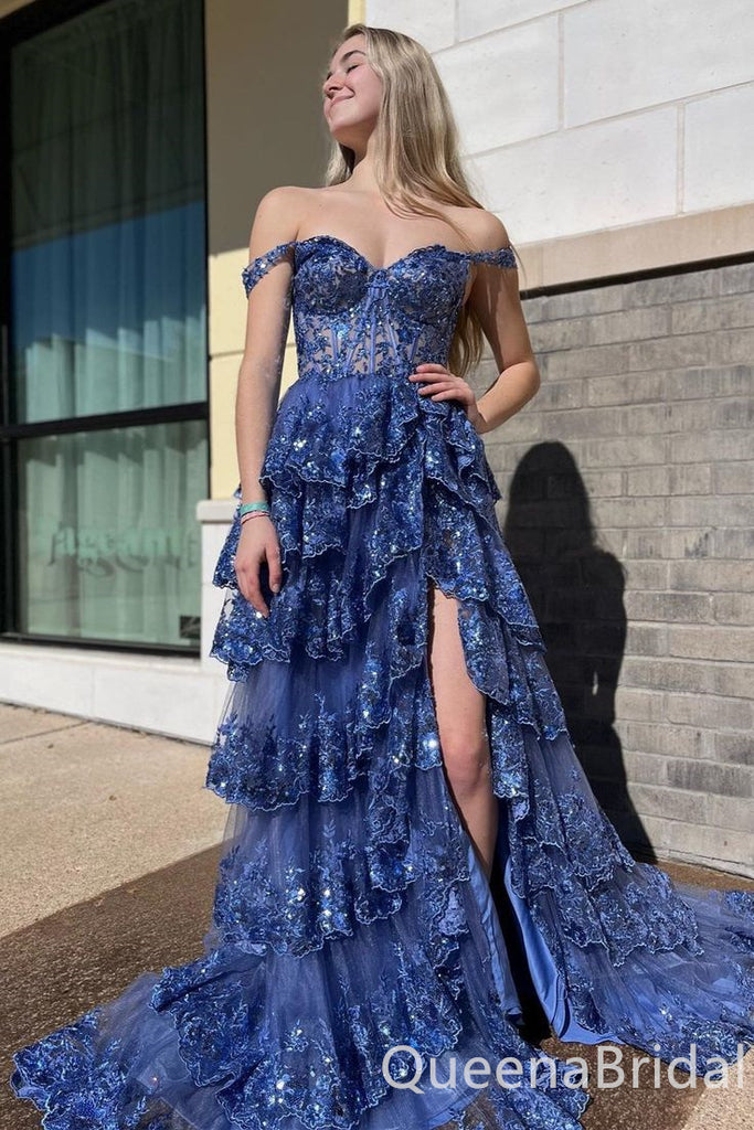 Sparkle Blue Off Shoulder Tiered A-line Lace Appliques Ruffles Long Prom Dresses to Impress ,WGP1345