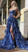 Sparkle Blue Off Shoulder Tiered A-line Lace Appliques Ruffles Long Prom Dresses to Impress ,WGP1345