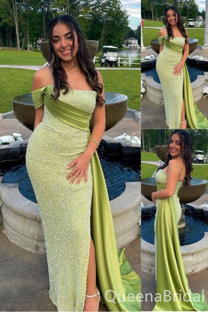 Sparkle Green Strapless Mermaid Evening Gown Maxi Long Evening Party Prom Dresses with Slit,WGP1142